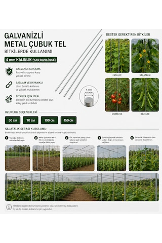 Bitki Destek Çubuğu 10 Ad 150 Cm Domates Biber Salatalık İçin Dayanıklı Bahçe Teli 4 Mm Galvanizli Paslanmaz Tel