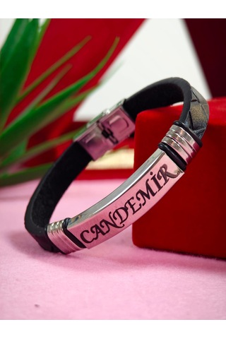 Çelik Derili Bileklik Kişiye Özel İsimli Paslanmaz Derili Çelik İsimli Bileklik 316 L Çelik Altın - Çelik