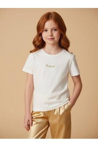 Zekids Kız Çocuk Tasarım T-shirt-17201 Ekru