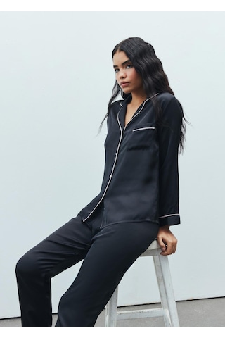 Amour Siyah Uzun Saten Pijama Takımı Siyah