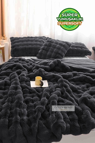 Evlen Home Kürk Yatak Örtüsü Çift Kişilik Dolgulu Peluş Yumuşak Çift Taraflı Yorgan 3 Parça Loria Antrasit Füme Antrasit