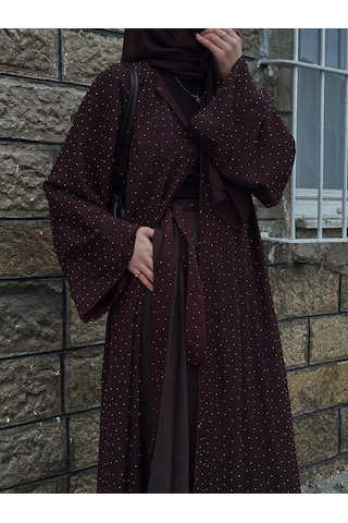 Şakika Shine Taşlı Abaya Ferace & Şal - Standart Beden & Farklı Boy Kahverengi