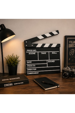 Büyük Boy Sinema Klaketi Yazılabilir Ahşap Clapperboard Dekoratif Film Aksesuarı Ev Ofis Duvar Süsü 27x29 Cm Siyah-Beyaz