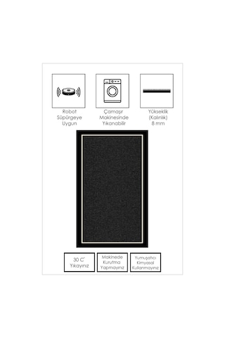 West Home Dijital Baskı Yıkanabilir Kaymaz Taban Salon Halısı Mutfak Halısı Yolluk Wh 478 Black