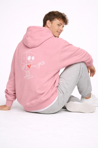 Nevermınd Robot Baskılı Sevgili Kombini Oversize Hoodie Seti Kadın Erkek Unisex Pembe Pembe