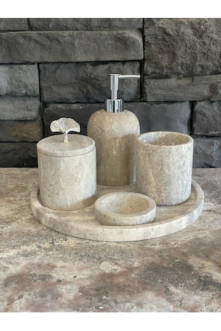 Yeni Silver Gümüş Traverten Mermer 5'li Banyo Seti Beyaz
