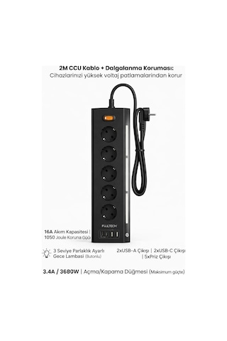 Fulltech Ftr-26 5li Akım Korumalı Priz 2 Usb-a, 2 Usb-c, 3 Kademeli Gece Lambası, 2 Metre Kablo - 36 0.2 M