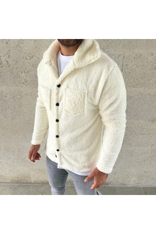 Valensdesign Erkek Pelüş Polar Hırka Gömlek Yakalı, İlik Düğmeli, Göğüs Cepli, Yumuşak Dokulu Kışlık Regular Fi Beyaz