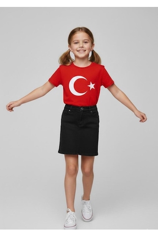 Nacar Store Kız Çocuk Ayyıldız Bayrak Baskılı T-shirt Ve Keten Etek Takım 23 Nisan-özel Bayramlar Kırmızı-siyah