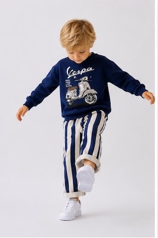 Motor Baskı Detaylı Erkek Çocuk Lacivert Sweatshirt & Çizgili Eşofman Alt Üst Takım Laci Vert