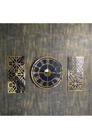 Bymelekoğlu 3'lü Roma Rakamlı Gold Duvar Saati Altın - Siyah