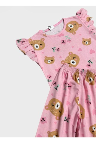 Aliş Kids Kız Çocuk Pamuklu Pembe Ayıcık Kalp Desenli Kolları Fırfırlı Kısa Kollu Şortlu Yazlık Pijama Takımı