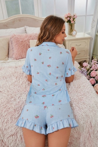 Bella Notte Mavi Lale Desenli Kısa Kollu Düğmeli Şortlu Pijama Takımı Lacivert