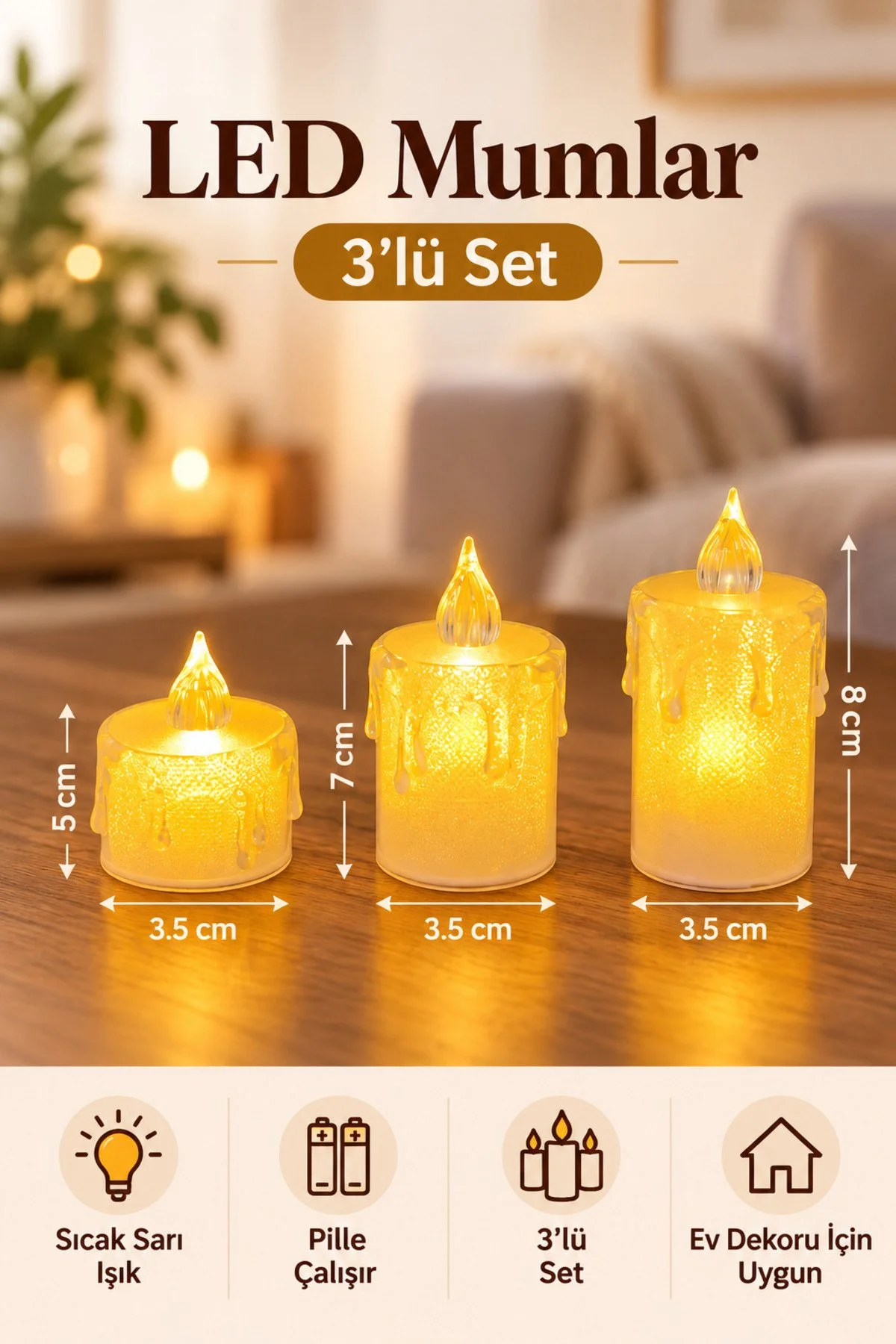Erkugo 3 Lü Mini Led Mum Seti 5-7-8 Cm Pilli Şeffaf Sıcak Sarı Işıklı Dekoratif Mum
