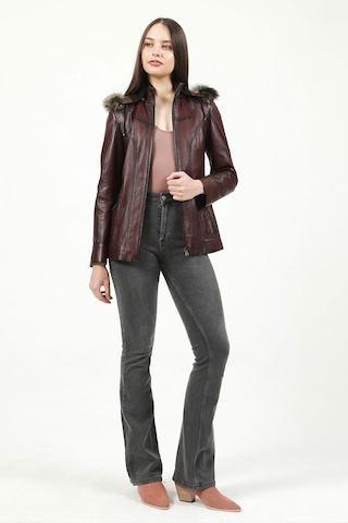 Dericlub Mistral Kadın Kapüşonlu Hakiki Deri Kaban Bordo Bordo