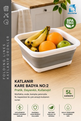 Katlanır Badya 5 Lt Mutfak Hazırlık Ve Hamur Yoğurma Kabı Beyaz - Gri