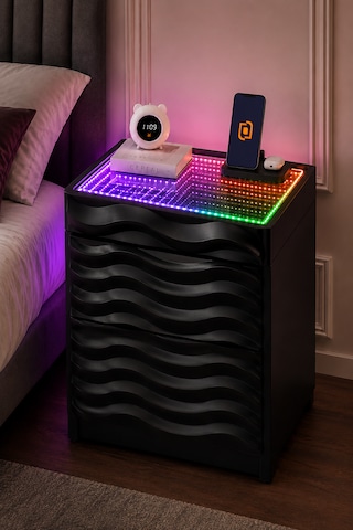 Komodin 3d Led Işıklı Kumandalı Rgb Ledli Modern - Siyah Renk