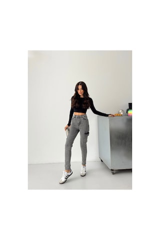 Kene Jeans Kadın Kar Siyah Kargo Cep Dar Paça Siyah