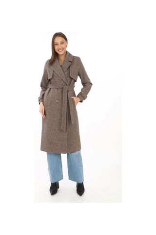 Kadın Balık Sırtı Yünlü Dokuma Kaşe Kaban Kruvaze Yaka, Kuşaklı, Cepli, Astarlı Uzun Boy Tesettür Vizon