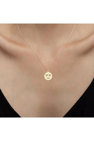 14 Ayar Altın Plakalı Kalpli Göz Emojisi Motifli Doğum Günü Hediyesine Özel Altın Kolye-806 Kalpli Göz Emojisi
