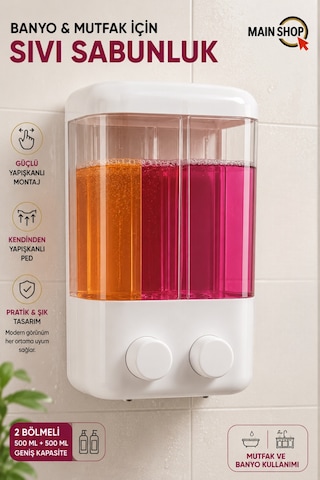 Mainshop Adet 2 Bölmeli Duşakabin Delme Gerektirmez Şeffaf Hazneli Basmalı Kullanım Sabunluk 1000 Ml M-55 Beyaz