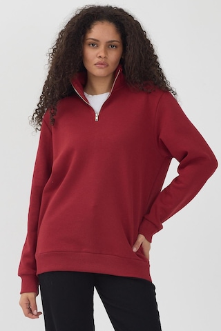 Unisex Regular Fit Rahat Kesim Pamuklu Içi Polarlı Yarım Fermuarlı Bordo Dik Yaka Sweatshirt Bordo