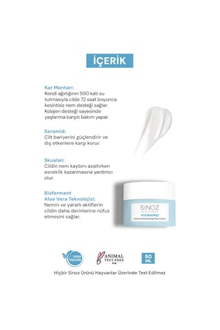 Sinoz Hydrapro Su Bazlı 72 Saat Yoğun Nemlendirici Yüz Bakım Kremi 50 ML