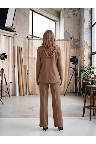 Prenses Kadın Yüksek Bel Kemerli Blazer Ceket Takım Camel