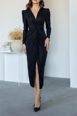 Kadın Büzgü Detaylı Simli Gece Elbisesi Dpnbmy3633 Siyah