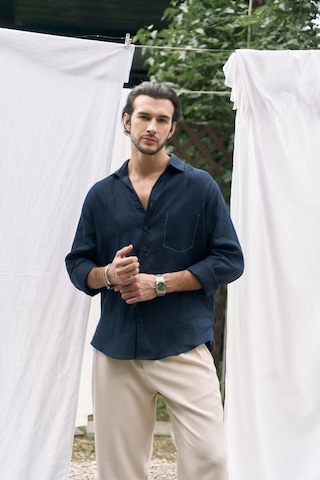 Mai Collection Mai Studios Co. Ombretta Lacivert Keten Oversize Erkek Gömlek Lacivert