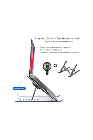 Shopytech Fanlı Katlanır Laptop Notebook Standı 7 Kademeli Yükseklik Alüminyum Alaşım 16 İnc Uyumlu