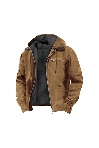 Düz Renk Kapüşonlu Pamuklu Gündelik Erkek Fermuarlı Cepli Ceket Mor