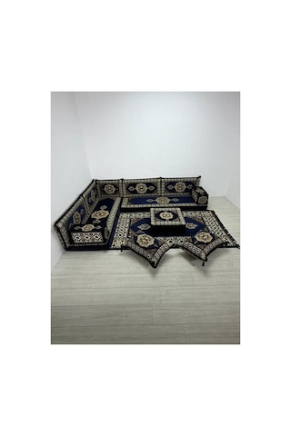 Güneş Modeli Lacivert Otantik Şark Köşesi Takımı L Set - Geleneksel Yer Minderi Seti 10 Cm Minder Kalınlığı 13 Parça