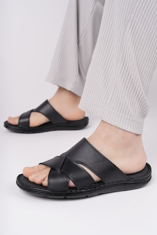 Muggo Eco Garantili Erkek Günlük Hakiki Deri Rahat Yumuşak Taban Ortopedik Terlik Siyah