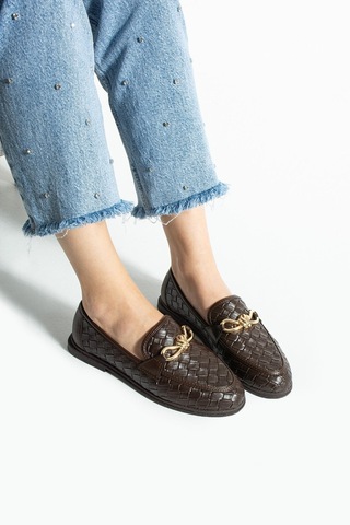 Lebibe Shoes Maby Kadın Acı Kahve Örgü Dokulu Zincir Detaylı Loafer Düz Ayakkabı Babet Acı Kahverengi