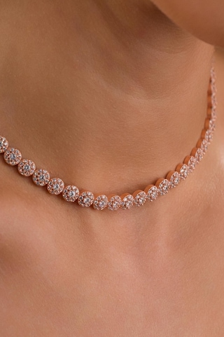 Gümüş Rose Gold Kaplama Beyaz Zirkon Taşlı Pırlanta Modeli Su Yolu Choker Tasma Kolye Rose