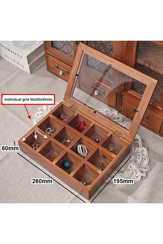 Gajeena Taşınabilir 12 Bölmeli Ahşap Takı Kutusu, Şeffaf Kapaklı Mücevher Organizatörü Kahverengi