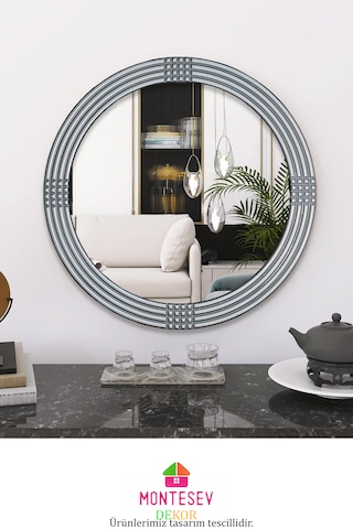 Safir Ahşap Gümüş Yuvarlak Ayna Işlemeli Duvar Banyo Aynası 43 Cm GÜMÜŞ