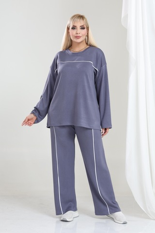 Biyeli Büyük Beden Oysho Tarzı Modal Kumaş Uzun Kollu Biyeli Rahat Günlük Takım Gri