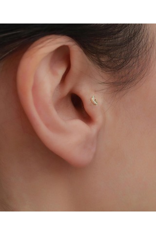 14 Ayar Altın Taşlı Ay Yıldız Tragus Piercing Sarı Altın