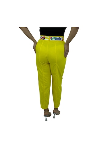 Büyük Beden Mom Kemerli Yüksek Bel Kadın Pantolon Sarı