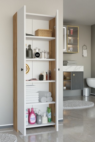 Alpaevmobilya Çok Amaçlı 2 Kapaklı 5 Raflı 150 Cm Banyo Dolabı Organizer Düzenleyici Ve Çamaşır Odası Dolabı Beyaz - Atlantik Çam