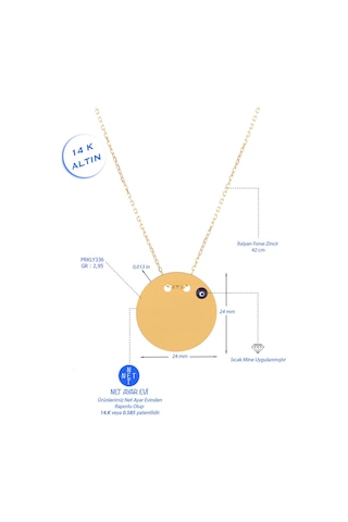 14 Ayar Altın Nazar Gözlü Plaka Altın Kolye 45 Cm Uzunluk 2,5 Cm Çapında Plaka