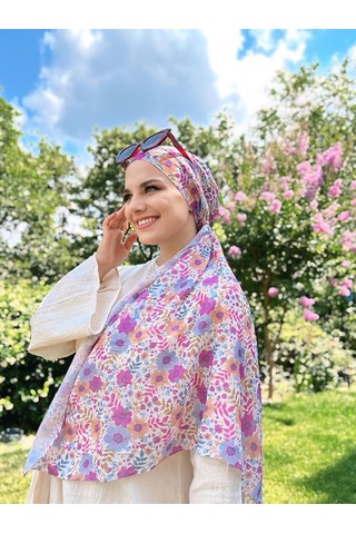Moda Kaşmir Flora Desen Bambu Eşarp Mavi-somon