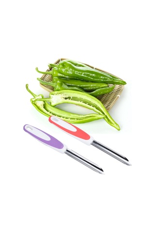 Dofolink Stok Mutfak Aleti: Çelik Biber, Meyve, Sebze Çekirdek Çıkarıcı - Hızlı Kullanım, Oranj-mor Renkli 2 Adet