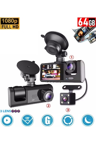 64gb Araç İçi Kamera 3 Kameralı Yol + Araç İçi+ Arka Fhd Video Kayıt Mikrofonlu Türkçe Cc-33