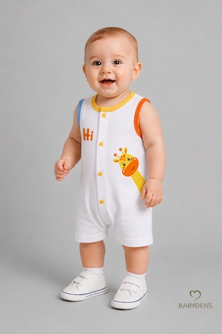 Babyden's Erkek Bebek Tulum Yazlık Pamuklu Şortlu Çıtçıtlı Zürafa Baskılı Bebek Tulumu Yenidoğan Bebek Giyim 0-9 Ay Beyaz