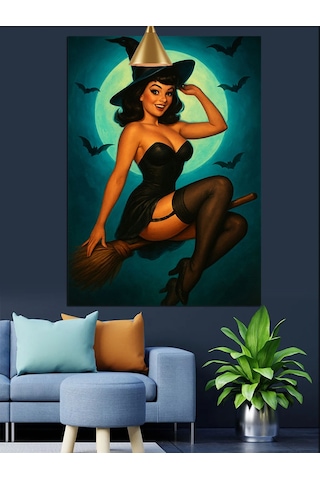 Tatlı Cadı Kadın Seksi Poz Retro Dekoratif Kanvas - Mdf Ahşap Tablo