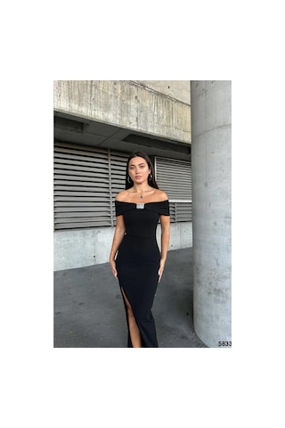 DefyModa Kadın Halter Yaka Taş Detaylı Abiye Elbise Siyah