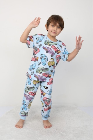 Bunny Hopp Erkek Çocuk Araba Desenli Pijama Takımı Rahat Ve Şık %100 Pamuklu Uyku Seti Mavi - Gri